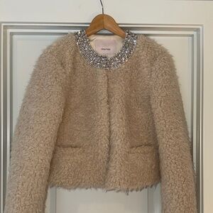 Cinq à Sept Cream Faux Fur Coat with Beaded Collar